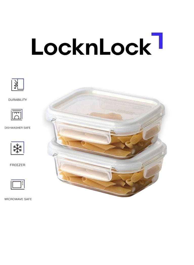 LocknLock Stackable Tempered Glass Rectangle 370ml (PACK OF 2) – Airtight, Freezer & Microwave Safe