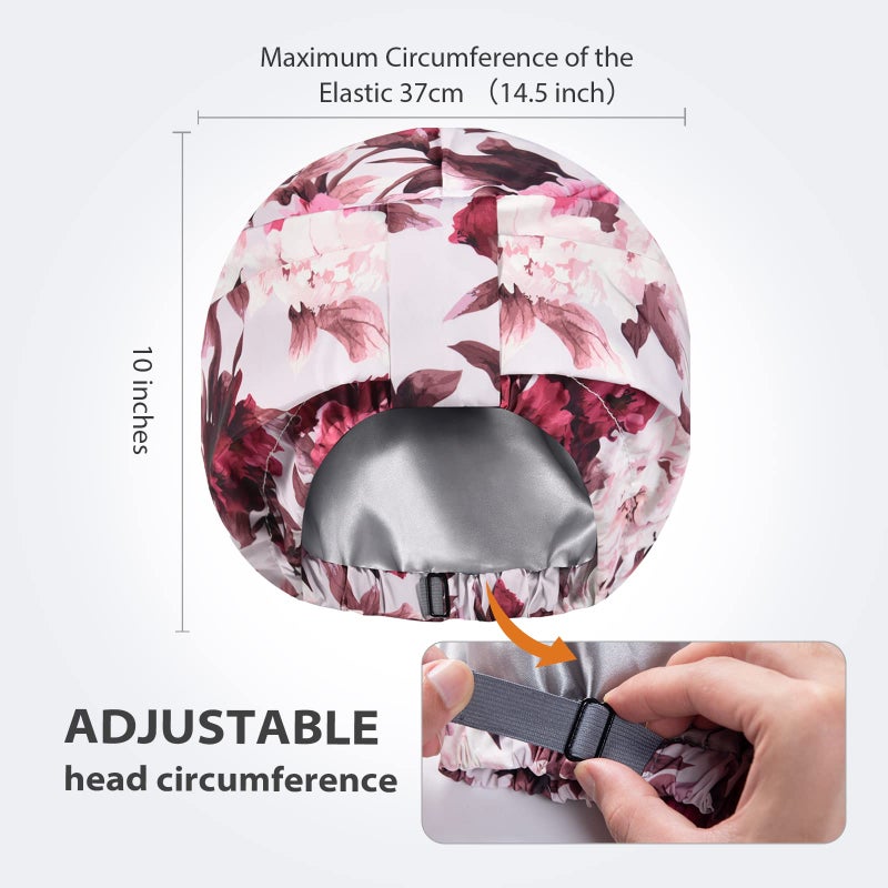 INNELO Luxury Shower Cap for Women Reusable Waterproof, Double Layered Shower Hair Cap with Adjustable Elastic Strap, Large Satin Lined Shower Bath Cap for Long Curly Straight Hair, Pink-Flower - Image 3