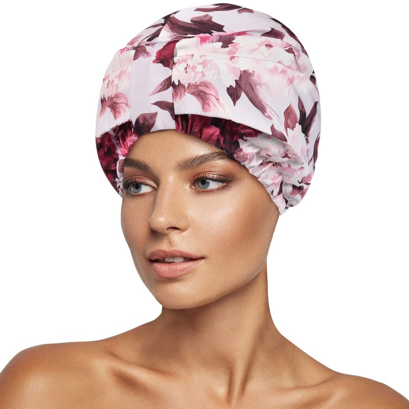 INNELO Luxury Shower Cap for Women Reusable Waterproof, Double Layered Shower Hair Cap with Adjustable Elastic Strap, Large Satin Lined Shower Bath Cap for Long Curly Straight Hair, Pink-Flower - Image 1
