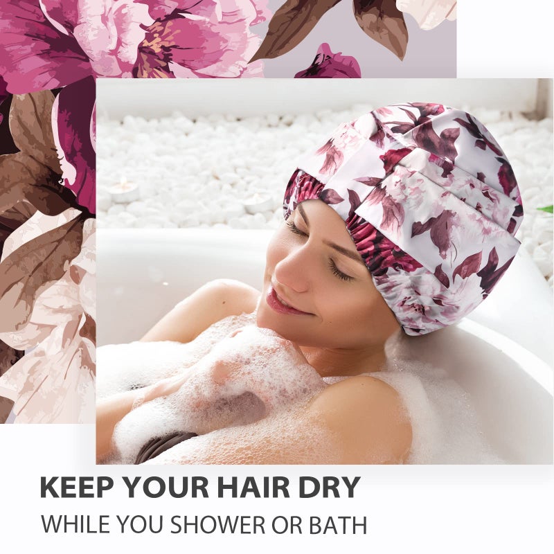 INNELO Luxury Shower Cap for Women Reusable Waterproof, Double Layered Shower Hair Cap with Adjustable Elastic Strap, Large Satin Lined Shower Bath Cap for Long Curly Straight Hair, Pink-Flower - Image 5
