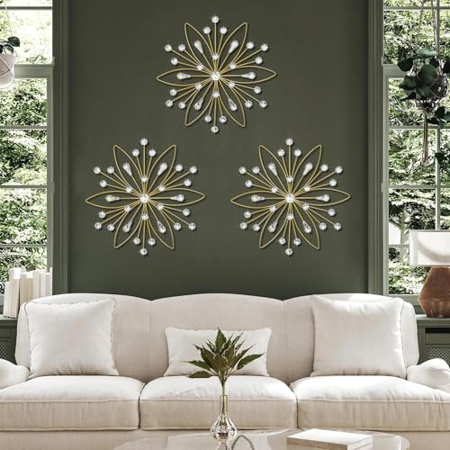 ZEXUIRU 3 Pack Gold Sunburst Wall Decor – Metal Crystal Wall Art with Sparkling Rhinestones, 14’’/18 Inch Starburst Wall Hanging Set for Living Room Bedroom Bathroom – Modern Bling Home Decorations - Image 2