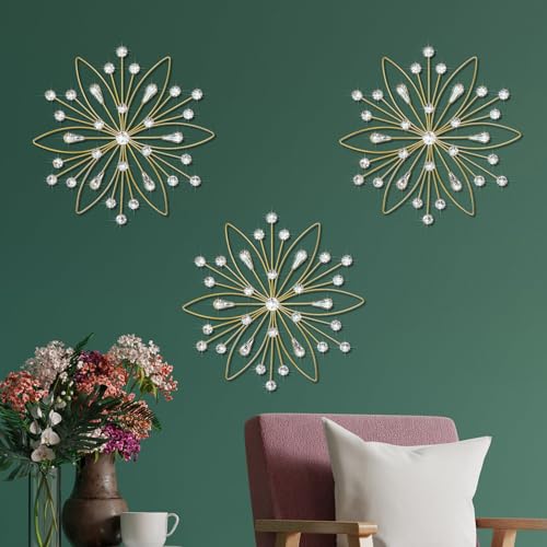 ZEXUIRU 3 Pack Gold Sunburst Wall Decor – Metal Crystal Wall Art with Sparkling Rhinestones, 14’’/18 Inch Starburst Wall Hanging Set for Living Room Bedroom Bathroom – Modern Bling Home Decorations - Image 1