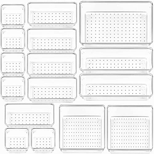 DARKFISH DARK Desk Drawer Organizers Trays Set Clear Plastic Storage Bins Bathroom Drawer Tray Dividers Vanity Trays Organizer for Bedroom Dresser Makeup Kitchen Utensil Office (16 Piece)  - Image 1