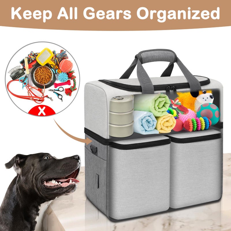 Mancro Dual Layers Dog Travel Bag, Pet Travel Bags with 2 Extra Large Food Containers, 2 Collapsible Dog Bowls, Multi-Pockets Tote Organizer for Pet Supplies, Road Trip Essentials, Weekend Camping - Image 4