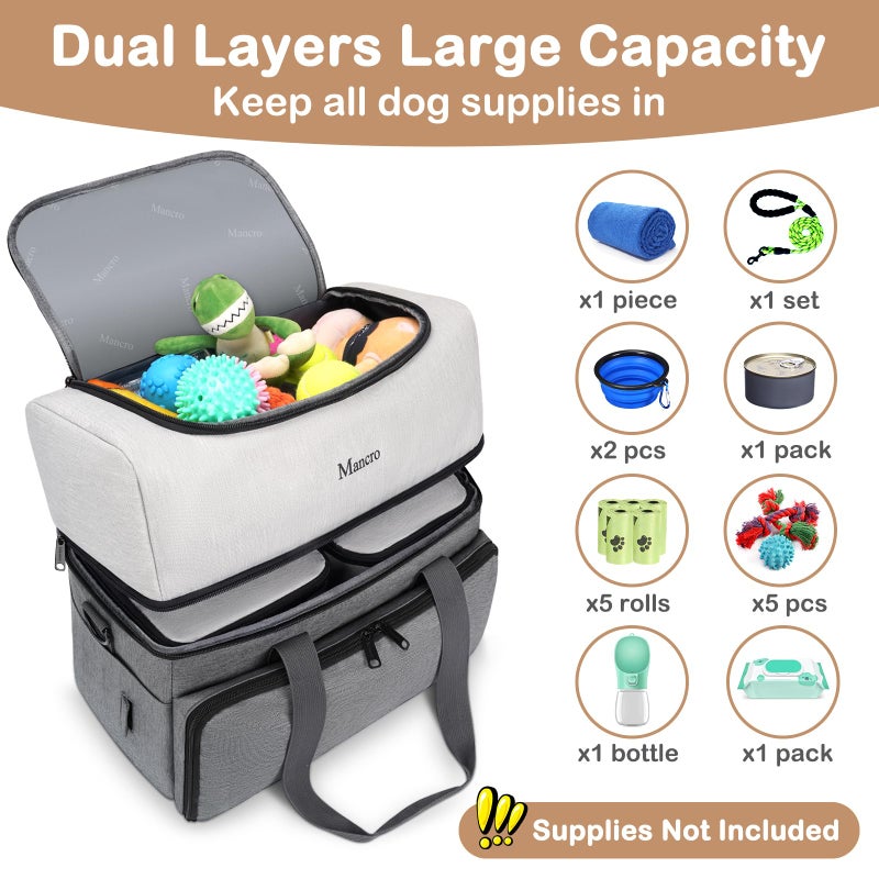 Mancro Dual Layers Dog Travel Bag, Pet Travel Bags with 2 Extra Large Food Containers, 2 Collapsible Dog Bowls, Multi-Pockets Tote Organizer for Pet Supplies, Road Trip Essentials, Weekend Camping - Image 2
