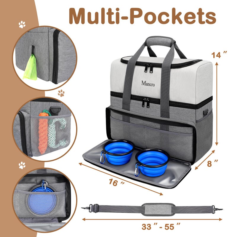 Mancro Dual Layers Dog Travel Bag, Pet Travel Bags with 2 Extra Large Food Containers, 2 Collapsible Dog Bowls, Multi-Pockets Tote Organizer for Pet Supplies, Road Trip Essentials, Weekend Camping - Image 3