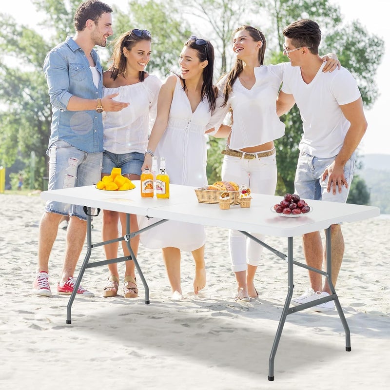 UREVO Folding Lightweight Trestle Outdoor Camping Table - Heavy Duty Plastic Picnic Table, Folds in Half with Carry Handle, White (150×70×75cm) - Image 2