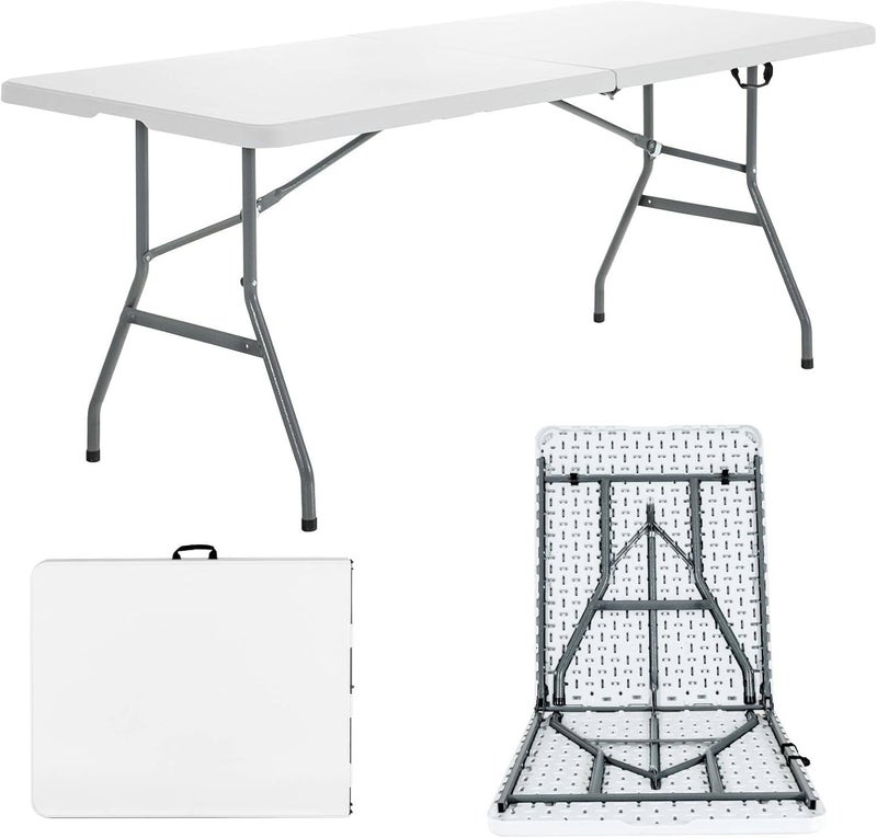UREVO Folding Lightweight Trestle Outdoor Camping Table - Heavy Duty Plastic Picnic Table, Folds in Half with Carry Handle, White (150×70×75cm) - Image 1