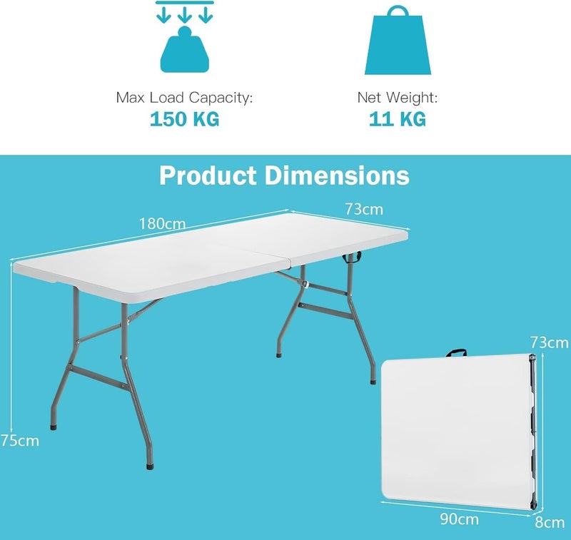 UREVO Folding Lightweight Trestle Outdoor Camping Table - Heavy Duty Plastic Picnic Table, Folds in Half with Carry Handle, White (150×70×75cm) - Image 3