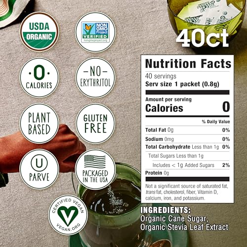 IN THE RAW Stevia In The Raw Organic Stevia Sweetener Packets, 40 Ct, Zero Calorie Stevia Sugar Substitute Packets, No Erythritol or Artificial Flavors, USDA Organic, Non-GMO Project Verified, Vegan - Image 4