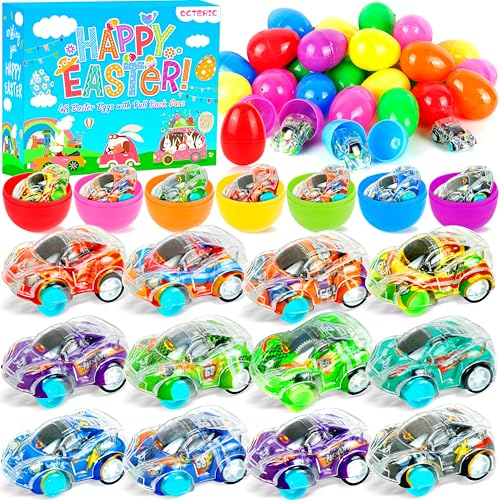OCTERIC 48 Pack Prefilled Easter Eggs Filled with Pull Back Cars Easter Eggs with Toys Inside Easter Hunt Basket Stuffers Easter Theme Party Favors Classroom Prizes Gift for Kids Toddlers Girls Boys - Image 1