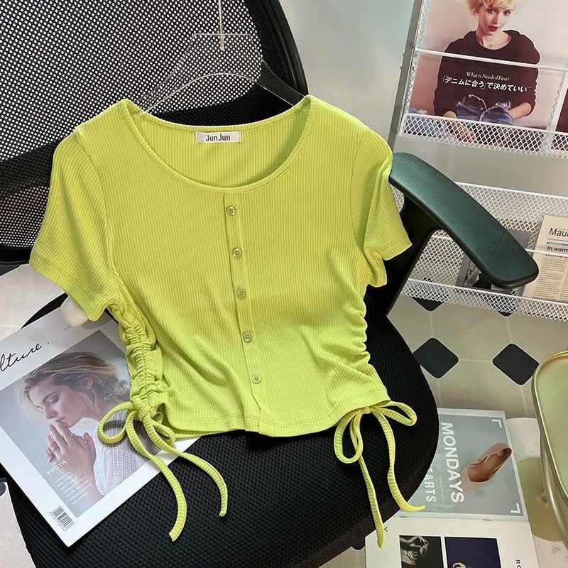 Threaded Side Drawstring Short-Sleeved T-Shirt Women'S Stretch Slim-Fit Slim-Fit Base Short Girl Trendy Top - Image 1