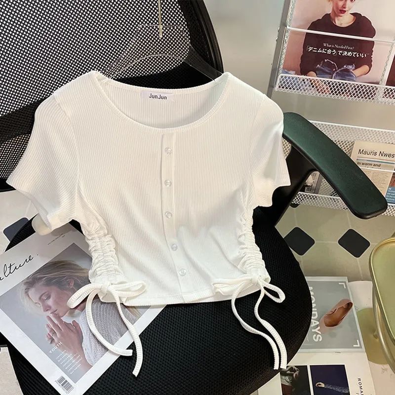 Threaded Side Drawstring Short-Sleeved T-Shirt Women'S Stretch Slim-Fit Slim-Fit Base Short Girl Trendy Top - Image 3