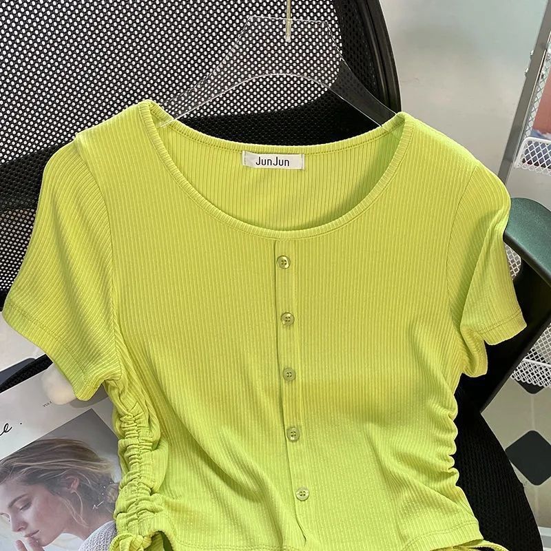 Threaded Side Drawstring Short-Sleeved T-Shirt Women'S Stretch Slim-Fit Slim-Fit Base Short Girl Trendy Top - Image 5