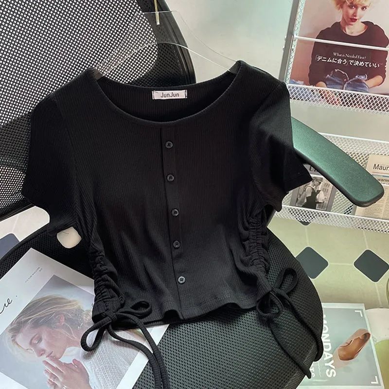 Threaded Side Drawstring Short-Sleeved T-Shirt Women'S Stretch Slim-Fit Slim-Fit Base Short Girl Trendy Top - Image 2