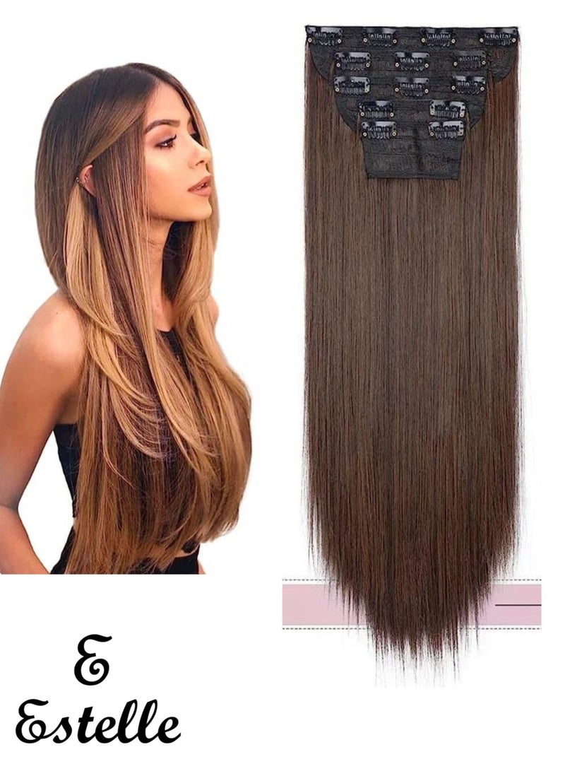 Estelle Clip in Hair Extensions for Women Fiber Hairpieces Thick Clip on Plastic Hair Extensions with Invisible Clips for lady 5 Pieces Brown - Image 1