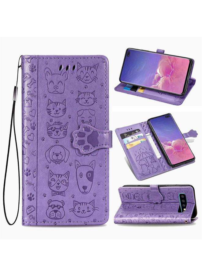 اس-توب جراب لهاتف Galaxy S10 Plus من الجلد المنقوش بشكل قطة وكلب لطيف مع حامل / فتحة بطاقة / محفظة / حبل تعليق - Image 1