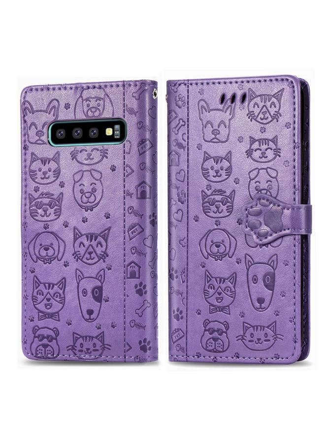 اس-توب جراب لهاتف Galaxy S10 Plus من الجلد المنقوش بشكل قطة وكلب لطيف مع حامل / فتحة بطاقة / محفظة / حبل تعليق - Image 2