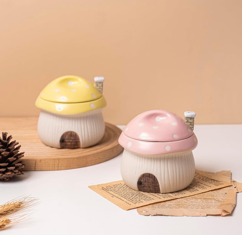 RESVUGA French Onion Soup Bowl with Lid Ramekin Funny Mushroom House Style Novelty Bowl Lava Cakes Creme Brulee Egg cooker With heat dissipation vents 13 oz Yellow - Image 2