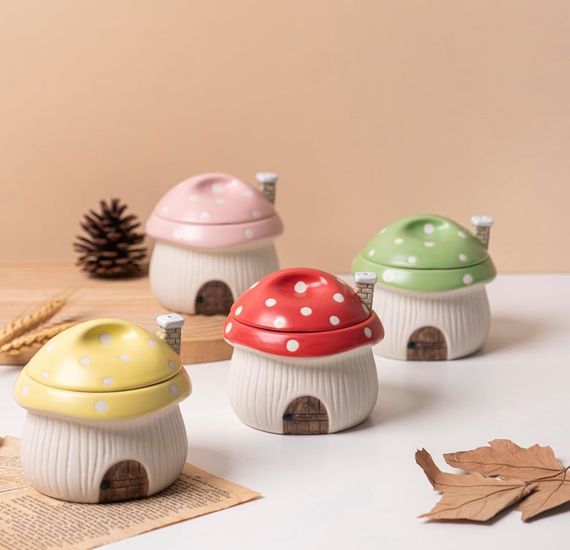 RESVUGA French Onion Soup Bowl with Lid Ramekin Funny Mushroom House Style Novelty Bowl Lava Cakes Creme Brulee Egg cooker With heat dissipation vents 13 oz Yellow - Image 5