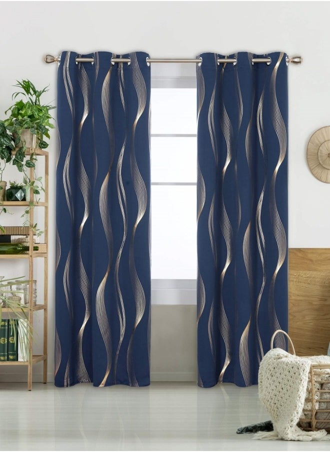 KYD - 1 Panel Blackout Curtains, Decorative Silver Thread Foil Blackout Curtains, Thermal Insulated Room Darkening Curtains for Bedroom Living Room 100*250cm Navy Blue - Image 1