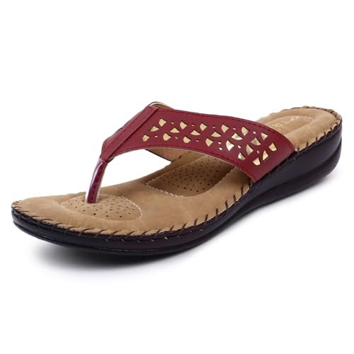 TRASE Slippers for Women Stylish Flat | Comfortable Orthopedic Soft Chappals | Lightweight Ortho Footwear for Ladies (Cherry-Golden, 6 UK) - Image 1