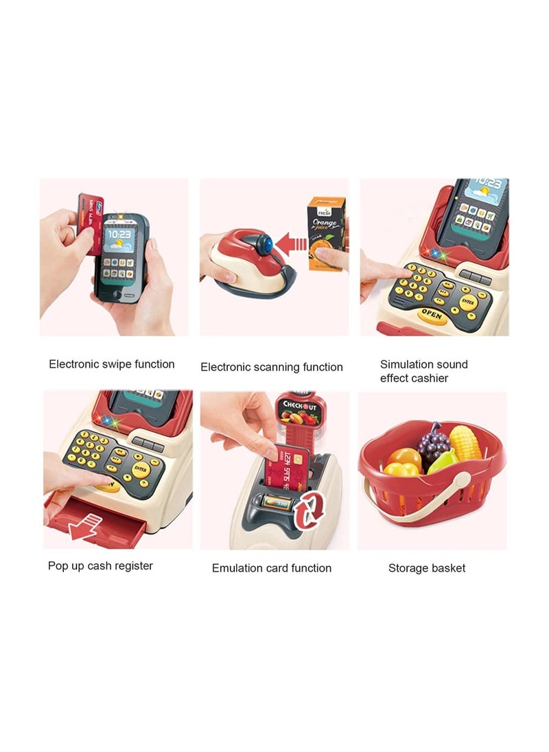 DMG TECH - Cash Register for Kids, Kids Cashier with Checkout Scanner, Pretend Play Cash Register Toy, Fruit Card Reader, Play Money and Grocery Play Food Set, Educational Toy for Boys & Girls Gifts Toddlers - Image 1