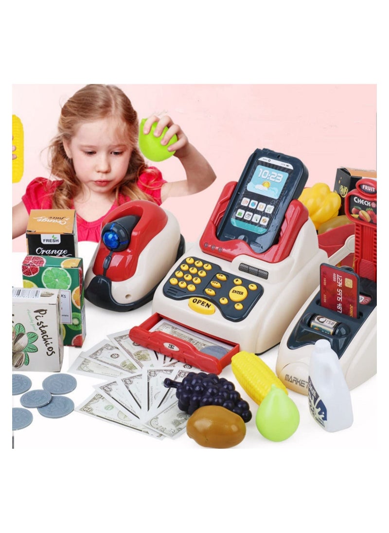 DMG TECH - Cash Register for Kids, Kids Cashier with Checkout Scanner, Pretend Play Cash Register Toy, Fruit Card Reader, Play Money and Grocery Play Food Set, Educational Toy for Boys & Girls Gifts Toddlers - Image 1