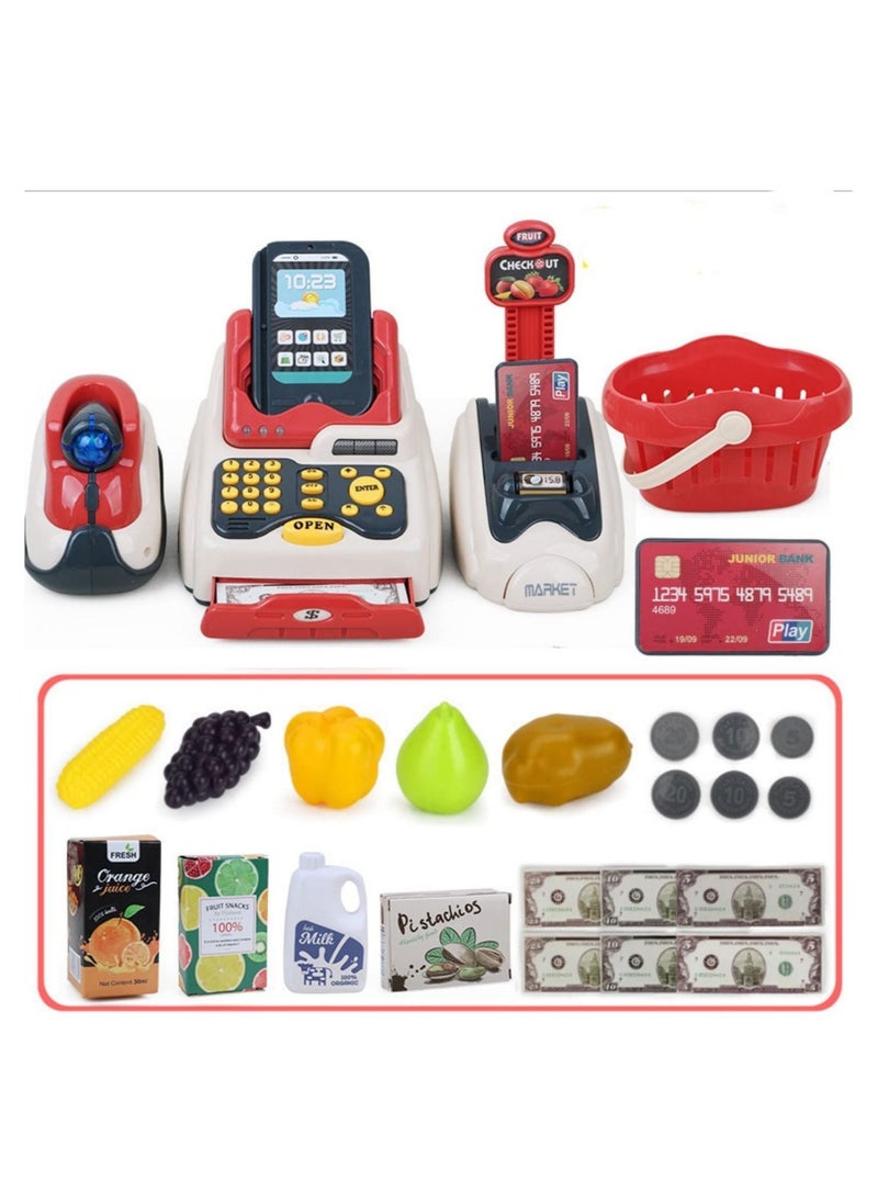 DMG TECH - Cash Register for Kids, Kids Cashier with Checkout Scanner, Pretend Play Cash Register Toy, Fruit Card Reader, Play Money and Grocery Play Food Set, Educational Toy for Boys & Girls Gifts Toddlers - Image 1