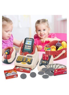 Cash Register for Kids, Kids Cashier with Checkout Scanner, Pretend Play Cash Register Toy, Fruit Card Reader, Play Money and Grocery Play Food Set, Educational Toy for Boys & Girls Gifts Toddlers