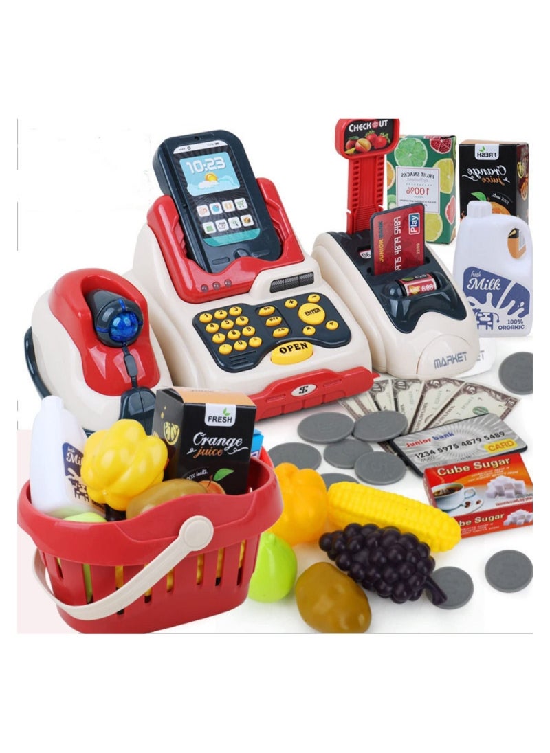 DMG TECH - Cash Register for Kids, Kids Cashier with Checkout Scanner, Pretend Play Cash Register Toy, Fruit Card Reader, Play Money and Grocery Play Food Set, Educational Toy for Boys & Girls Gifts Toddlers - Image 1