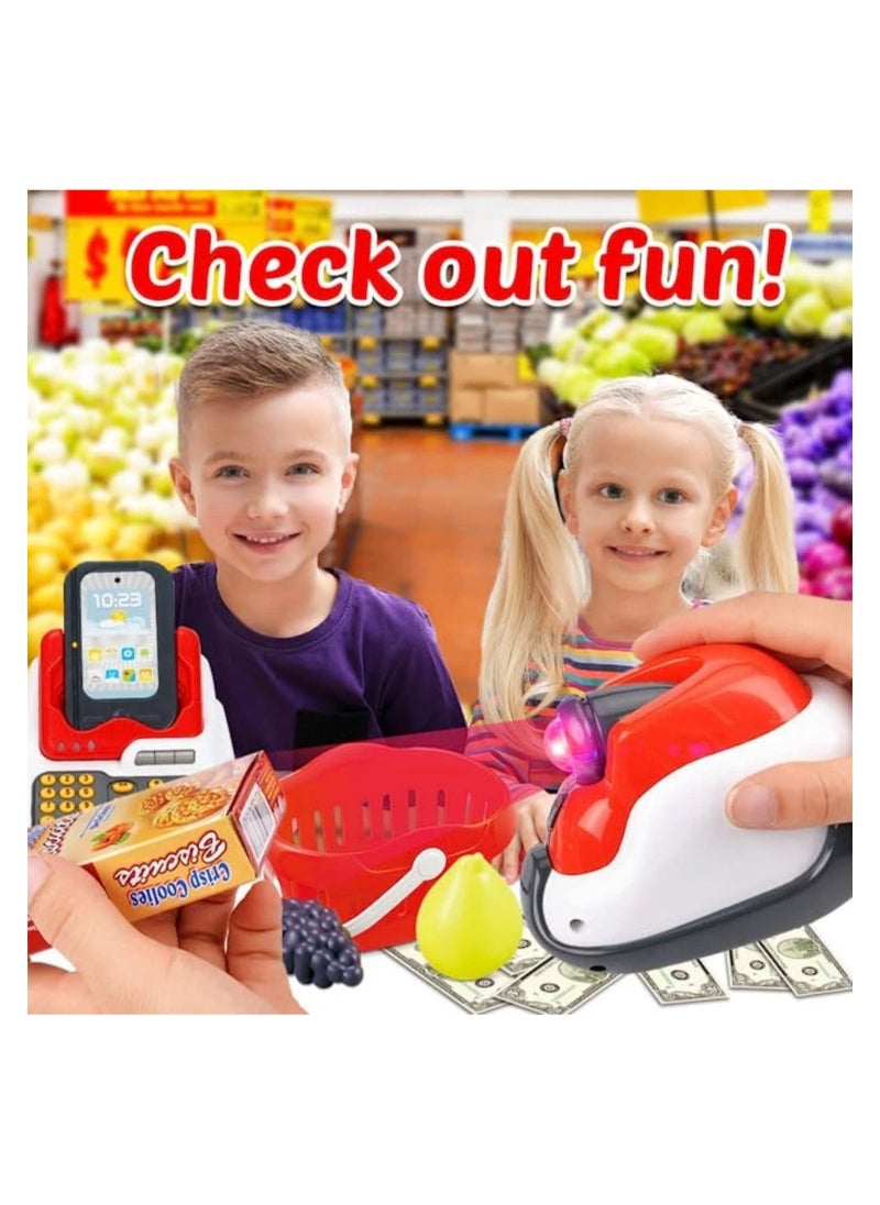 DMG TECH - Cash Register for Kids, Kids Cashier with Checkout Scanner, Pretend Play Cash Register Toy, Fruit Card Reader, Play Money and Grocery Play Food Set, Educational Toy for Boys & Girls Gifts Toddlers - Image 1