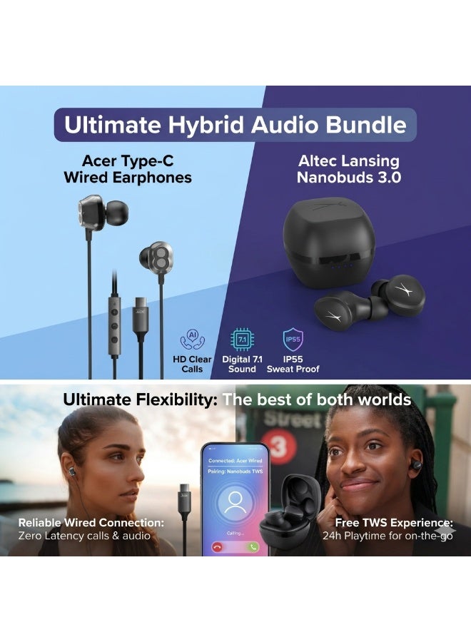 Acer Ultimate Hybrid Audio Bundle: Acer Type-C Wired Earphones + Altec Lansing Nanobuds 3.0 TWS Earbuds – Black Edition - Image 1