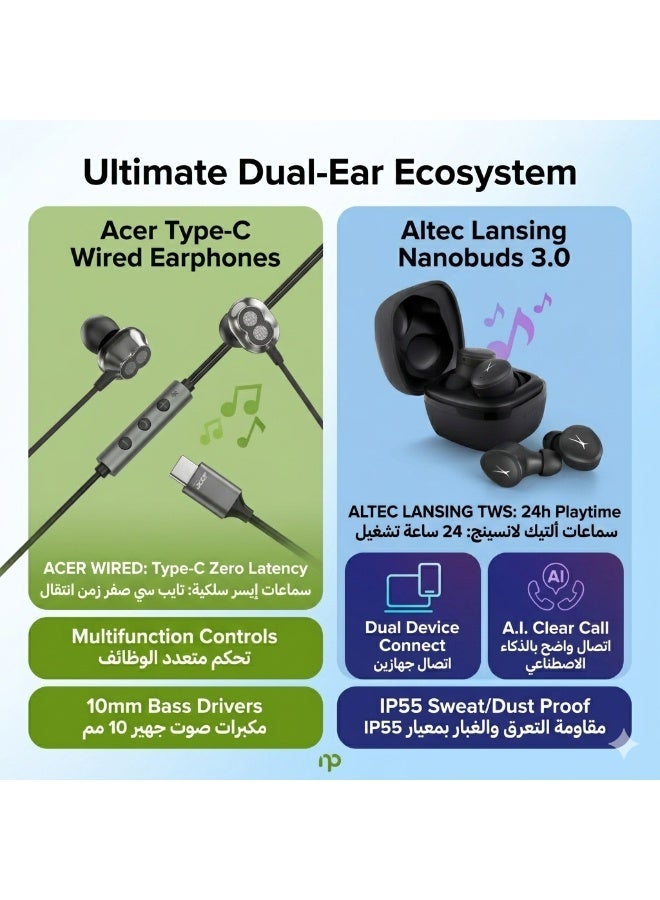 Acer Ultimate Hybrid Audio Bundle: Acer Type-C Wired Earphones + Altec Lansing Nanobuds 3.0 TWS Earbuds – Black Edition - Image 5