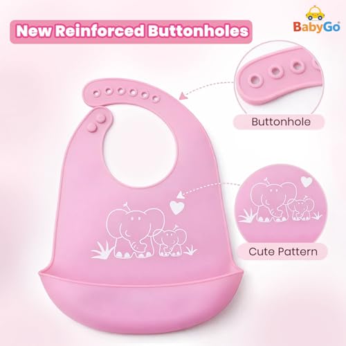 BabyGo Silicone Baby Bib for Feeding & Weaning Infants & Toddlers |Waterproof, Washable & Reusable | Adjustable Neckline, Lightweight & Foldable Bib with Deep Food Catcher Pocket |Pink (Pack of 1) - Image 2