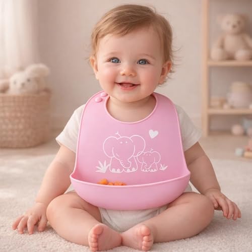 BabyGo Silicone Baby Bib for Feeding & Weaning Infants & Toddlers |Waterproof, Washable & Reusable | Adjustable Neckline, Lightweight & Foldable Bib with Deep Food Catcher Pocket |Pink (Pack of 1) - Image 1