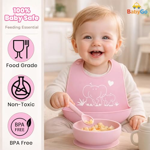 BabyGo Silicone Baby Bib for Feeding & Weaning Infants & Toddlers |Waterproof, Washable & Reusable | Adjustable Neckline, Lightweight & Foldable Bib with Deep Food Catcher Pocket |Pink (Pack of 1) - Image 3