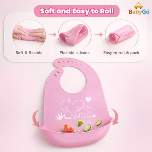 BabyGo Silicone Baby Bib for Feeding & Weaning Infants & Toddlers |Waterproof, Washable & Reusable | Adjustable Neckline, Lightweight & Foldable Bib with Deep Food Catcher Pocket |Pink (Pack of 1) - Image 5