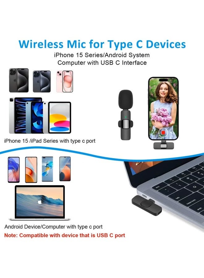 ميكروفون لاسلكي لافالير لابيل لأجهزة iPhone 15 و16 Series/Android/الكمبيوتر، ميكروفونات هاتف صغيرة بتقنية البلوتوث لتسجيل الفيديو - 2 ميكروفون بمشبك مع واجهة USB C لتسجيل الفيديو والمقابلات والمدونات الصوتية والمزامنة التلقائية وتقليل الضوضاء 2.4 جيجاهرتز - Image 5