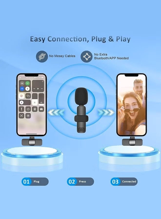 ميكروفون لاسلكي لافالير لابيل لأجهزة iPhone 15 و16 Series/Android/الكمبيوتر، ميكروفونات هاتف صغيرة بتقنية البلوتوث لتسجيل الفيديو - 2 ميكروفون بمشبك مع واجهة USB C لتسجيل الفيديو والمقابلات والمدونات الصوتية والمزامنة التلقائية وتقليل الضوضاء 2.4 جيجاهرتز - Image 4