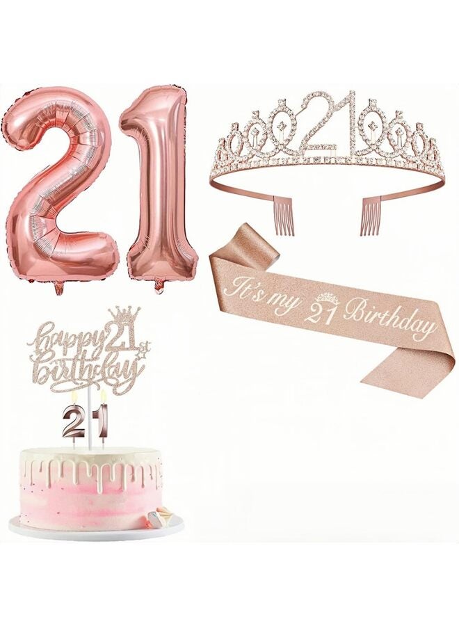 زينة عيد الميلاد، بما في ذلك زينة كعكة عيد الميلاد الحادي والعشرين، وشاح الملكة مع دبوس اللؤلؤ، تاج الراين الجميل، مجموعة شموع وبالونات رقمية، ذهبي وردي - Image 1