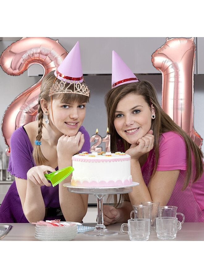 زينة عيد الميلاد، بما في ذلك زينة كعكة عيد الميلاد الحادي والعشرين، وشاح الملكة مع دبوس اللؤلؤ، تاج الراين الجميل، مجموعة شموع وبالونات رقمية، ذهبي وردي - Image 4