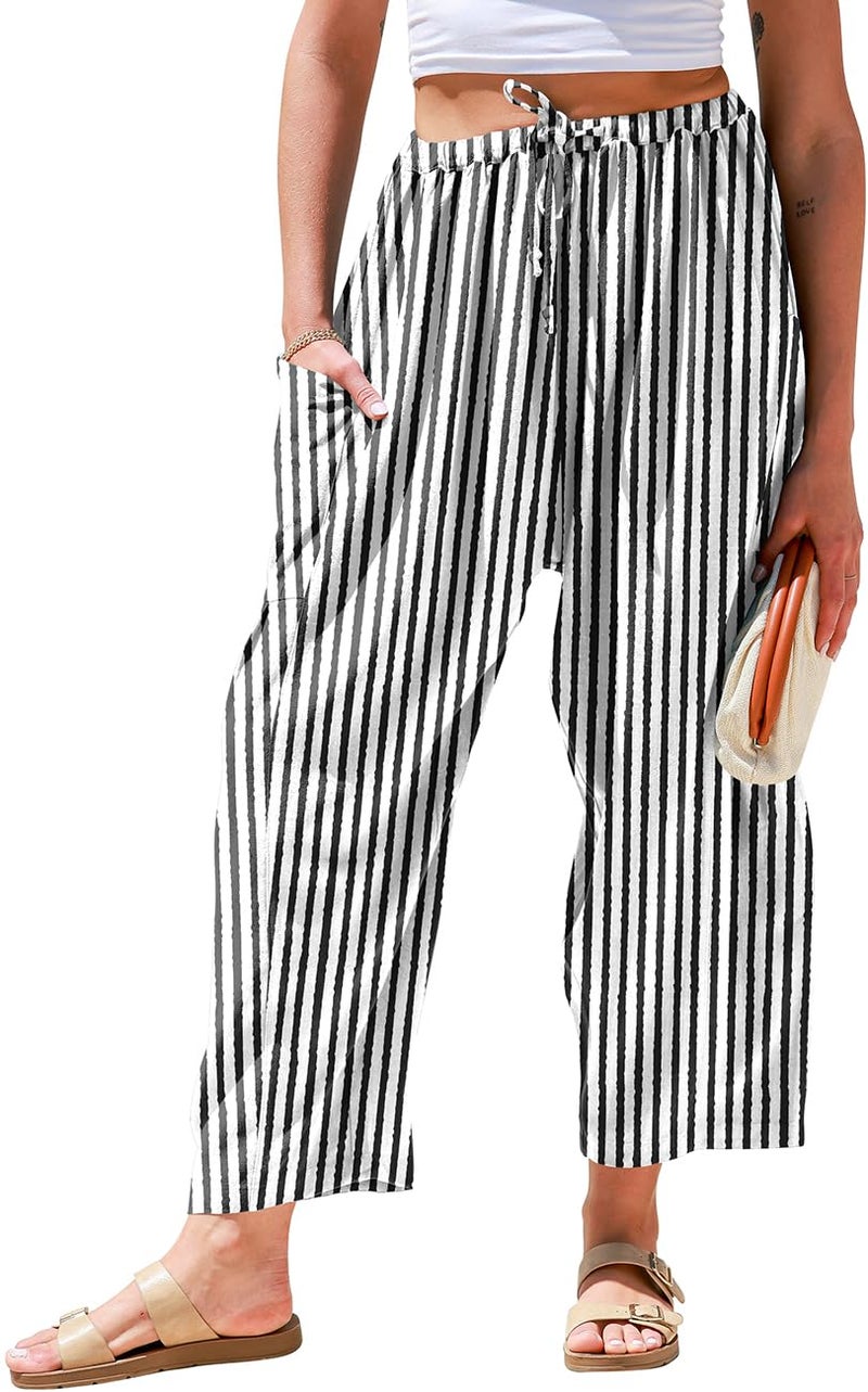 TARSE Womens Linen Wide Leg Pants Casual Loose Drawstring Low Waist Beach Palazzo Harem Pants with Pockets StripeBlackWhite L - Image 1