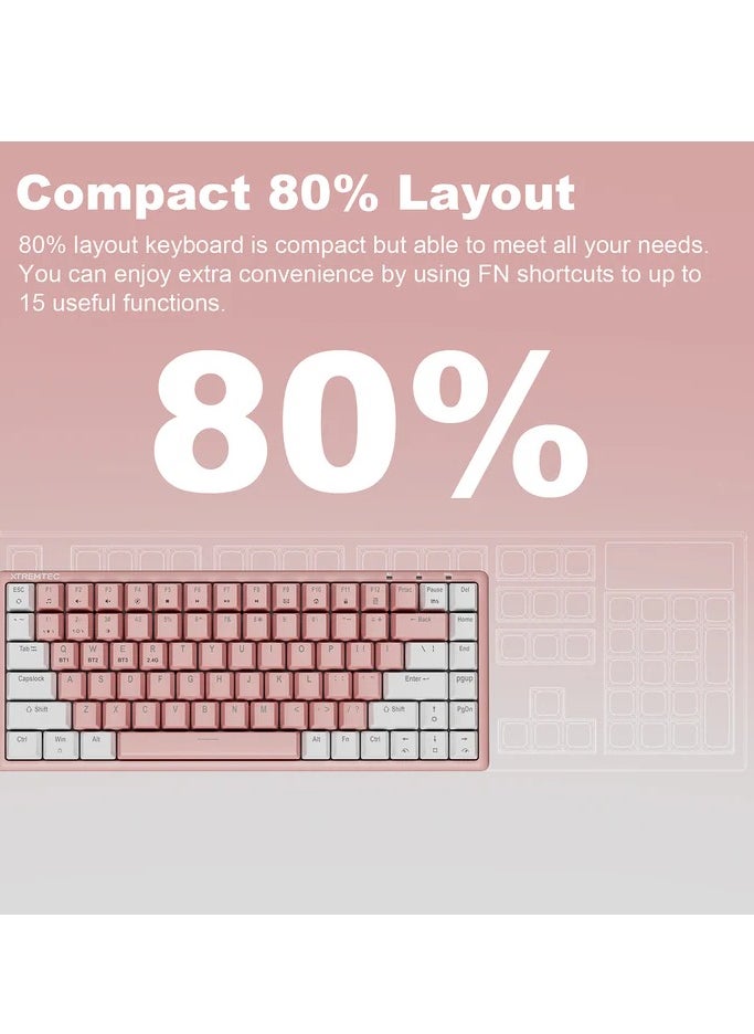 XTREMTEC - K201 80% Gaming Hybrid Mechanical Keyboard - Brown Switch -  3 Modes Bluetooth, Wireless & Wired (Pink White) - Image 1