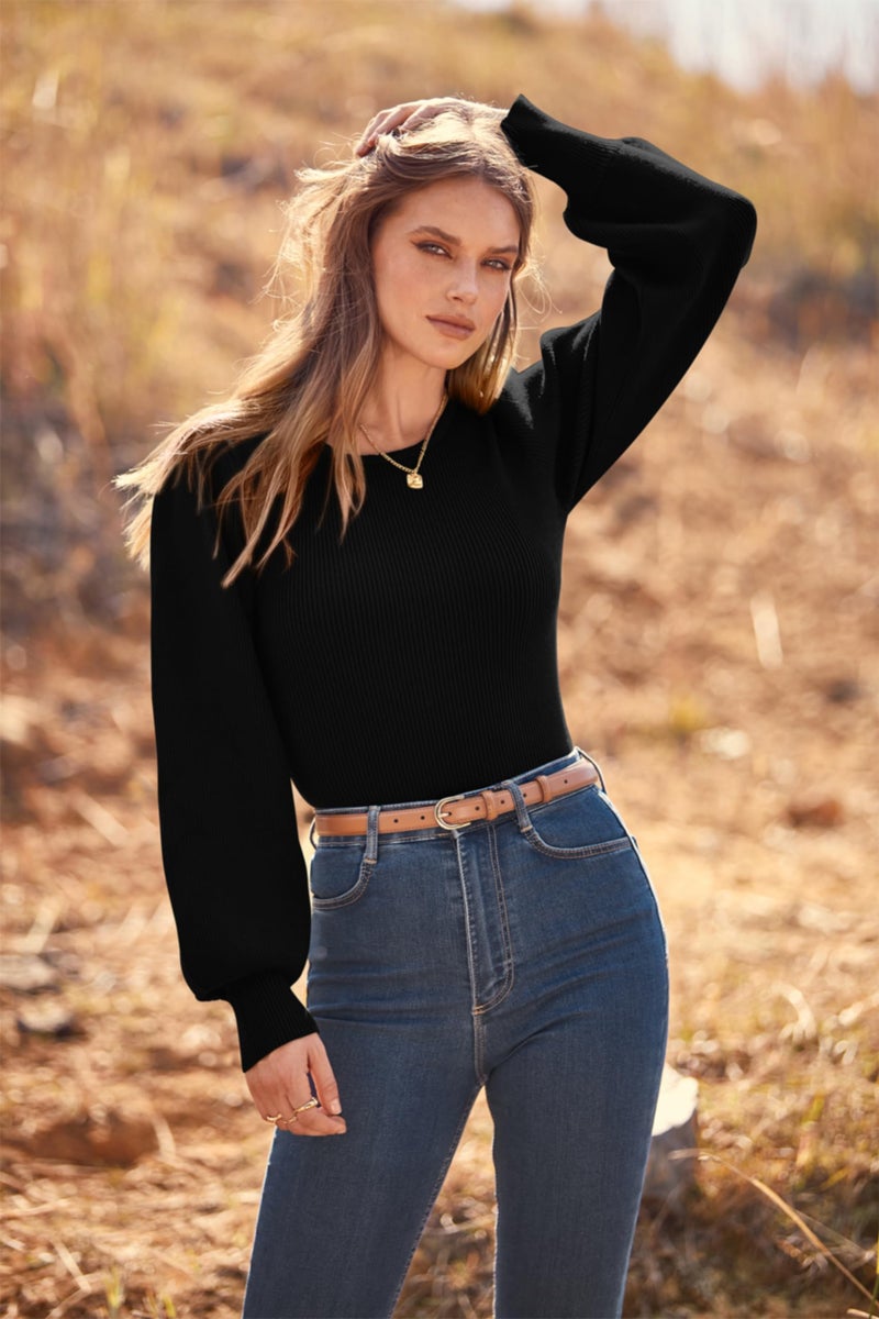 MASCOMODA Long Puff Sleeve Sweaters for Women 2026 Spring Winter Crewneck Knit Ribbed Bodysuit Pullover Tops (Black, Medium) - Image 3