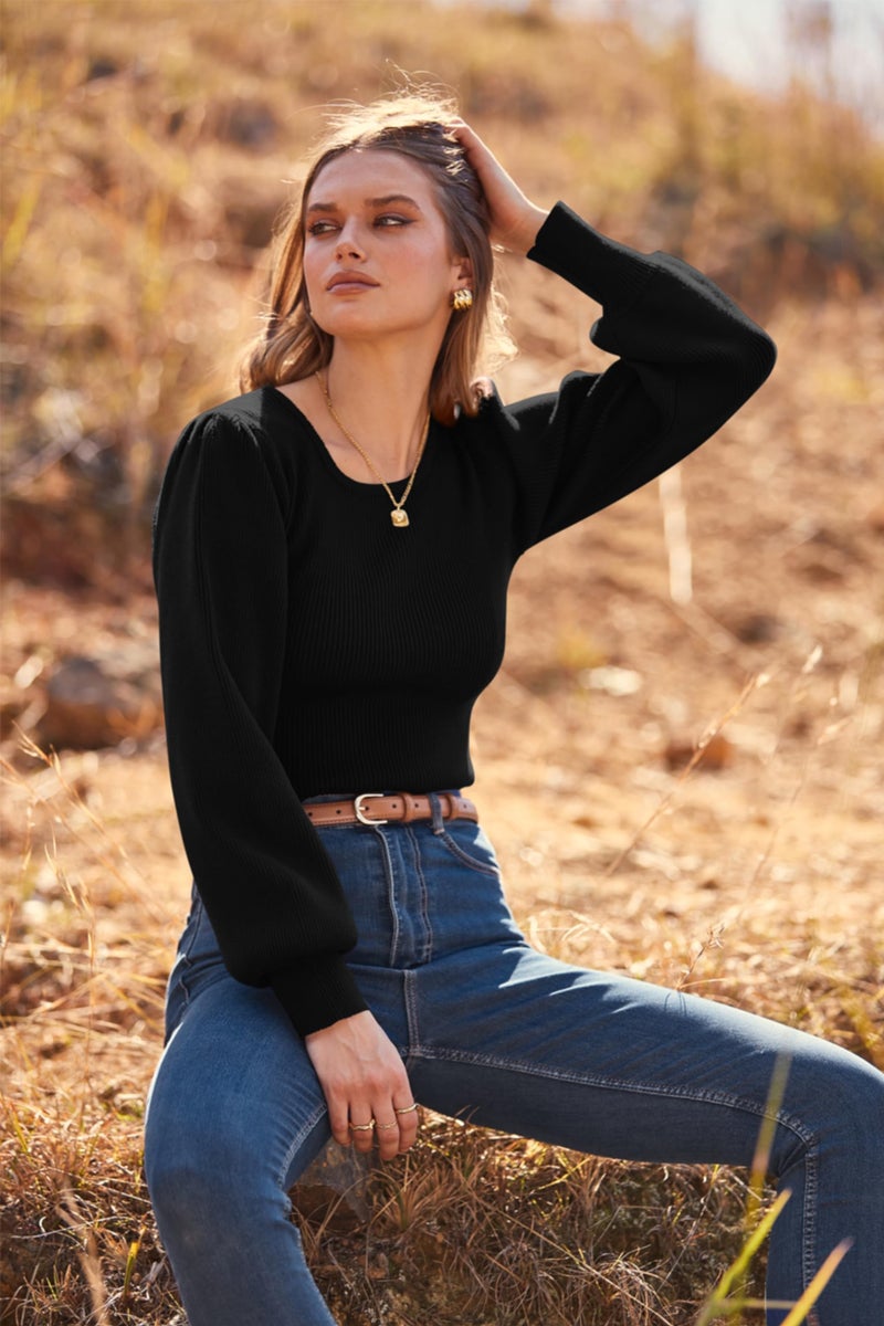 MASCOMODA Long Puff Sleeve Sweaters for Women 2026 Spring Winter Crewneck Knit Ribbed Bodysuit Pullover Tops (Black, Medium) - Image 4