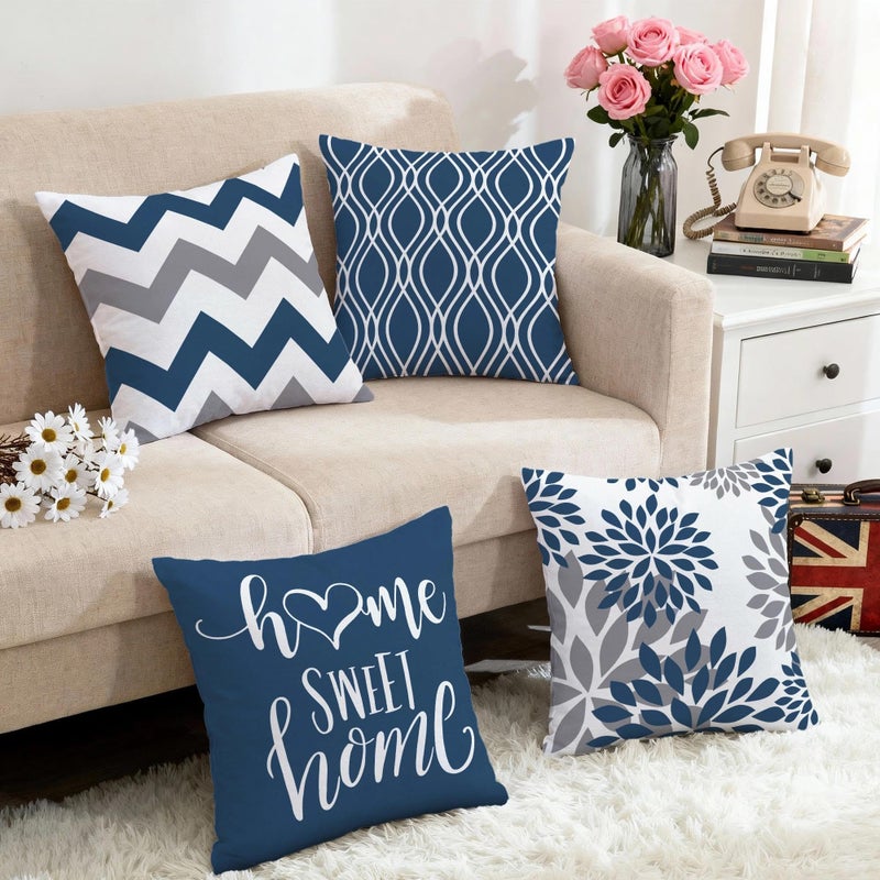 Hexagram Geometric Blue Pillow Covers 18x18 Set of 4, Decorative Outdoor Boho Modern Throw Pillow Covers, Home Sweet Home Farmhouse Cushion Case for Couch Sofa Bedroom Indoor Decor(No Insert) - Image 5
