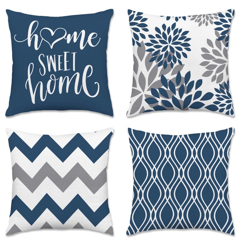 Hexagram Geometric Blue Pillow Covers 18x18 Set of 4, Decorative Outdoor Boho Modern Throw Pillow Covers, Home Sweet Home Farmhouse Cushion Case for Couch Sofa Bedroom Indoor Decor(No Insert) - Image 1