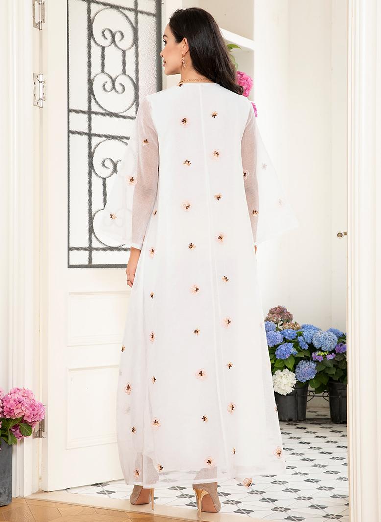 فرايديين لبس العطلة انيق طوق على شكل V جاكار المتدرج تطريز الترتر الاكمام المتوهجة قفطان ابيض - Image 2