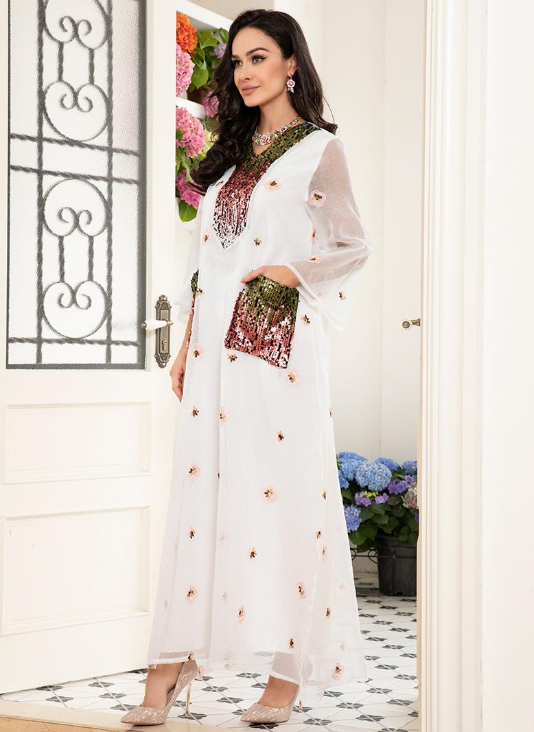 فرايديين لبس العطلة انيق طوق على شكل V جاكار المتدرج تطريز الترتر الاكمام المتوهجة قفطان ابيض - Image 4